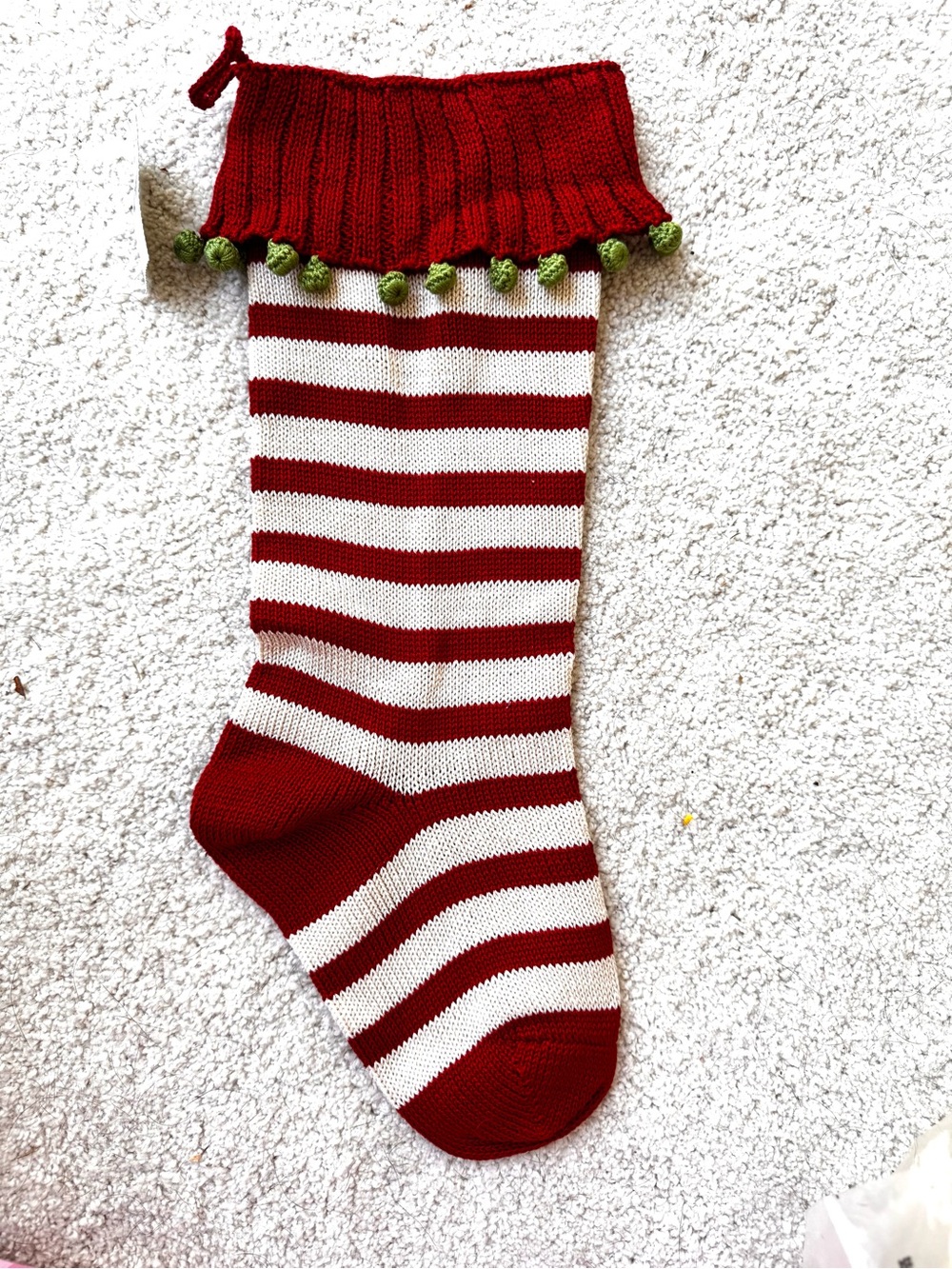 LL Bean NWT Red White Striped Knit Christmas Stocking Green Pom Pom Trim Holiday